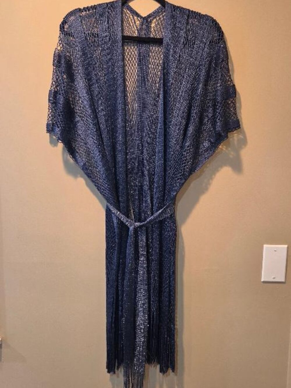 Metallic Blue Open Knit Mesh Kimono Cardigan Duster Cover-up